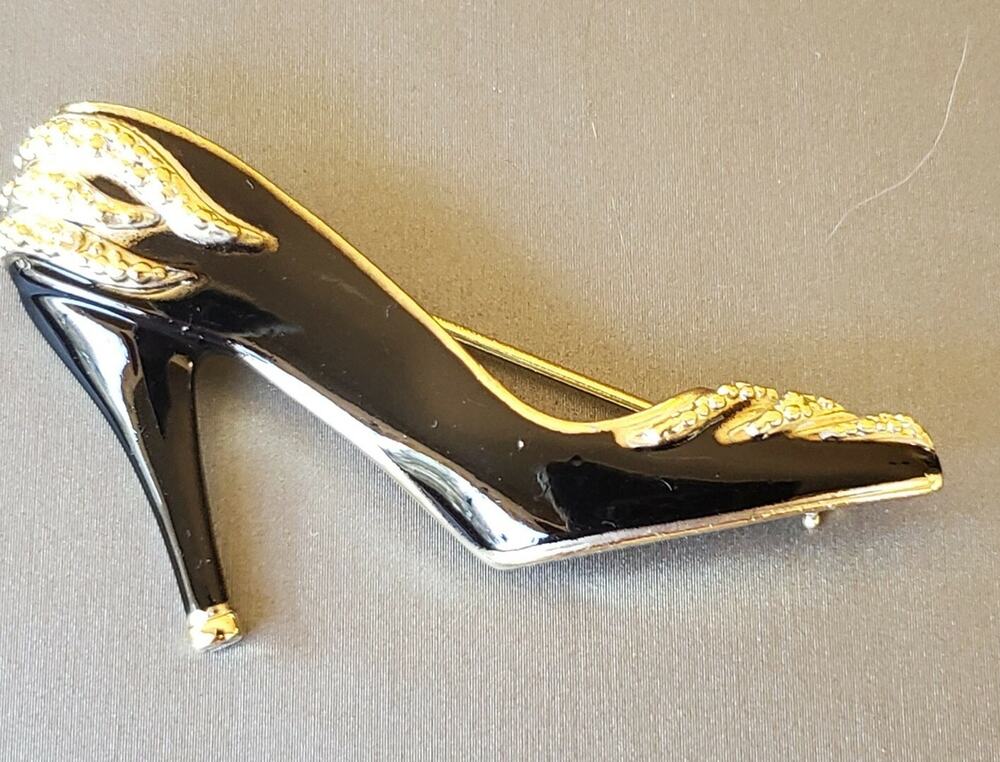 Vintage Black Enamel & Rhinestone Shoe Pin Brooch- Signed AJC- 1.75" go-25